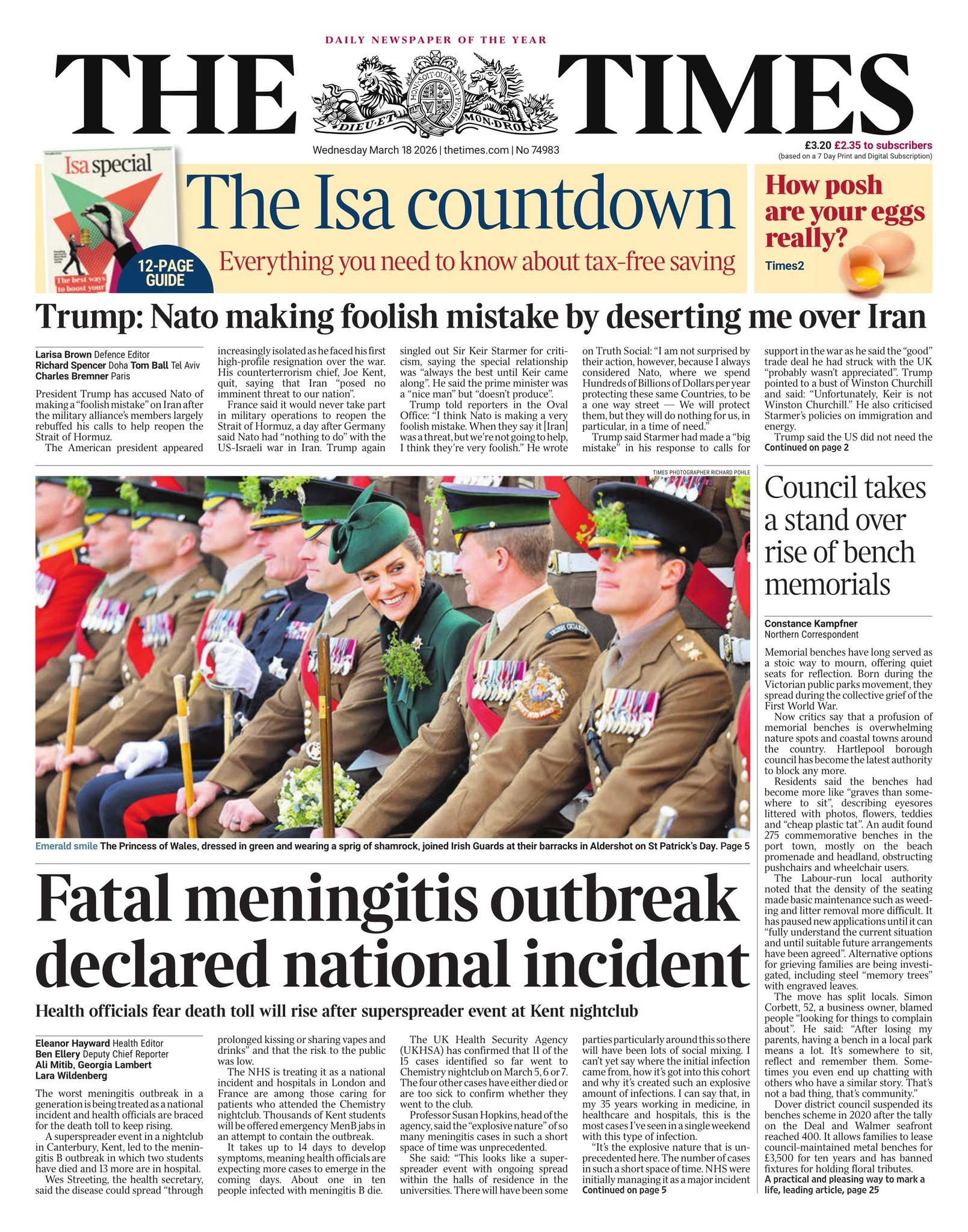Front page of Times, 18 March 2026