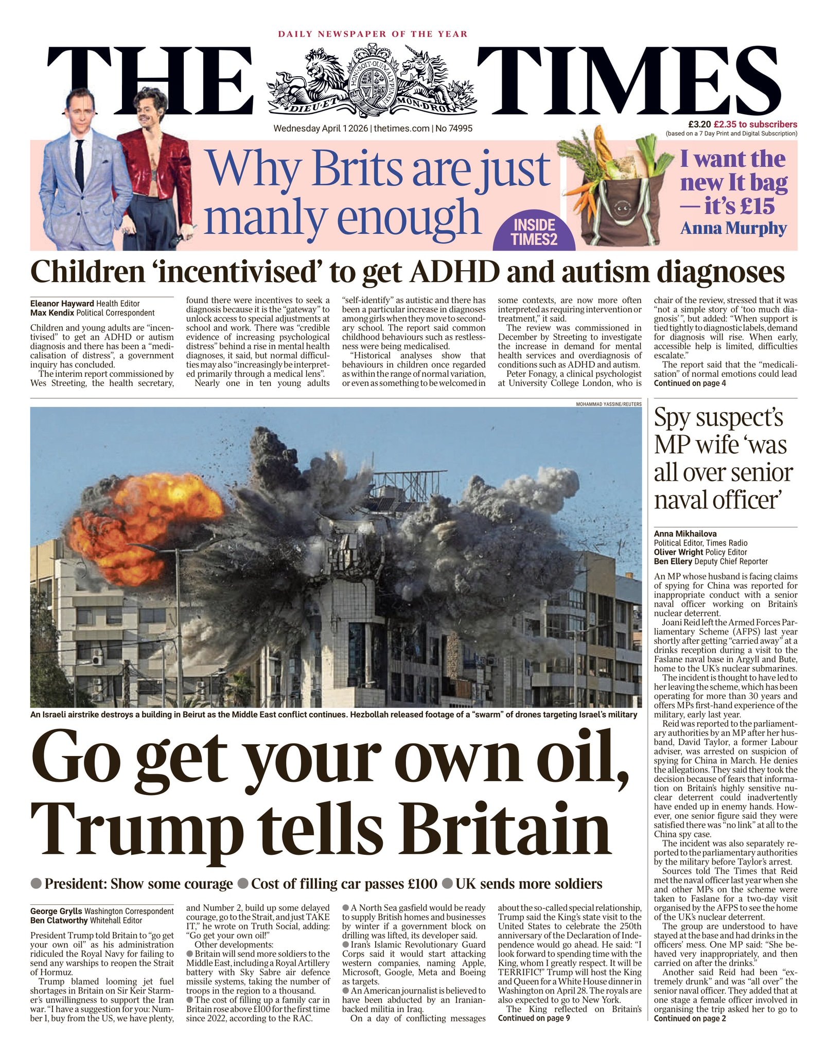 Front page of Times, 1 April 2026