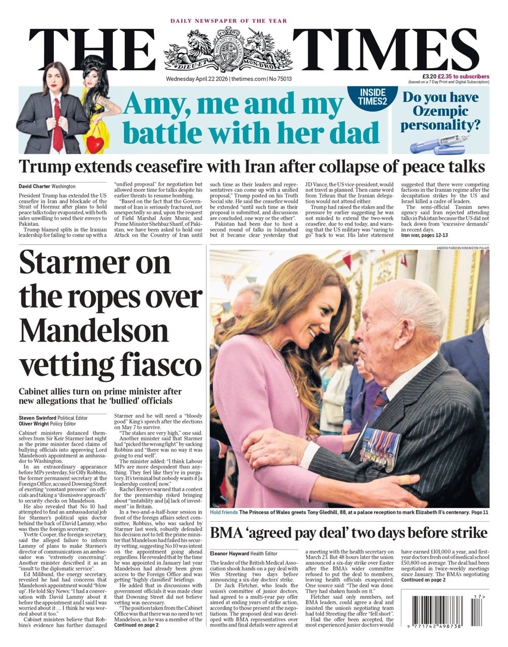 Front page of Times, 22 April 2026