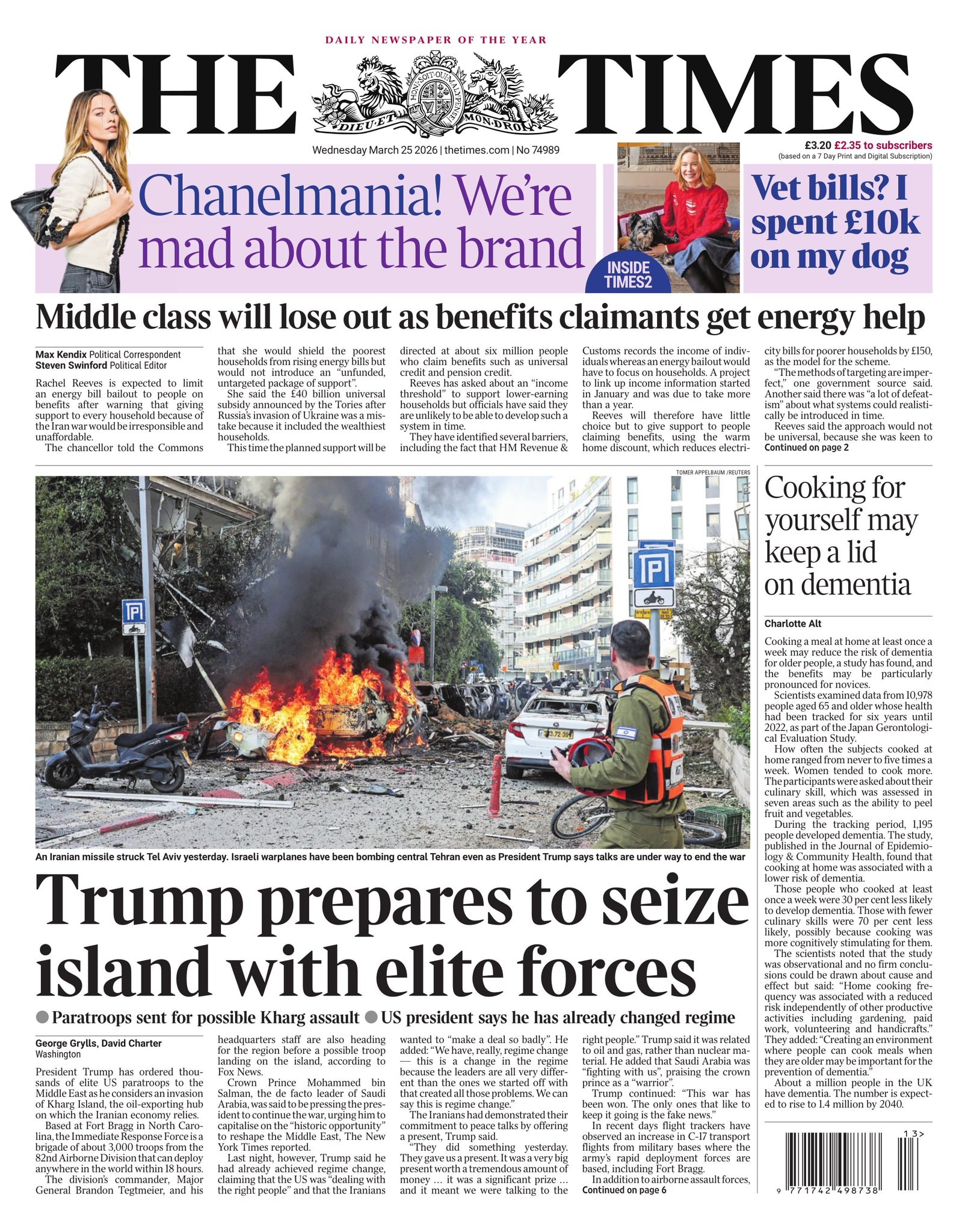 Front page of Times, 25 March 2026