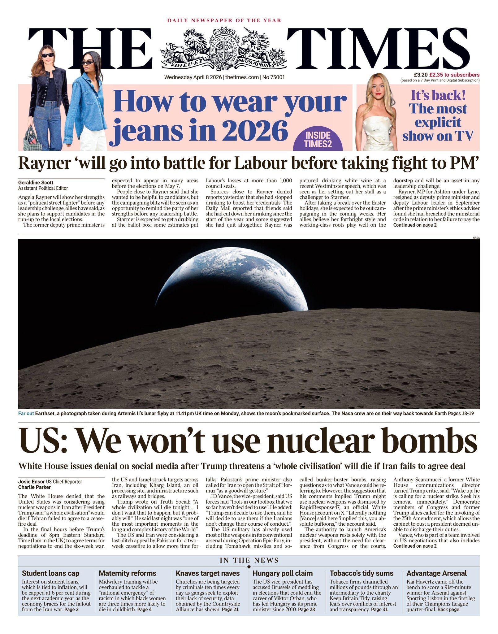 Front page of Times, 8 April 2026