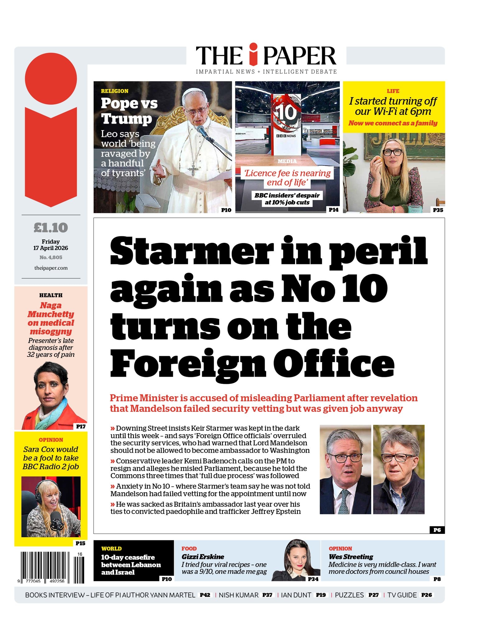 Front page of i, 17 April 2026