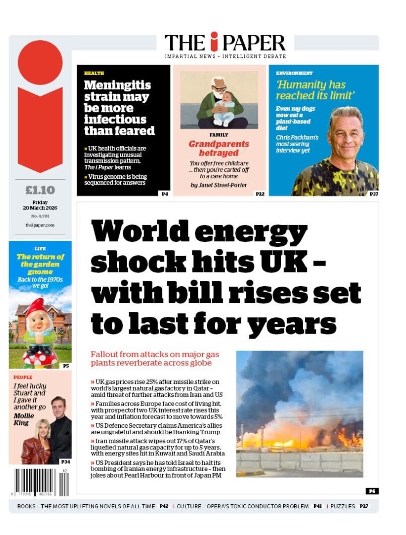 Front page of i, 20 March 2026
