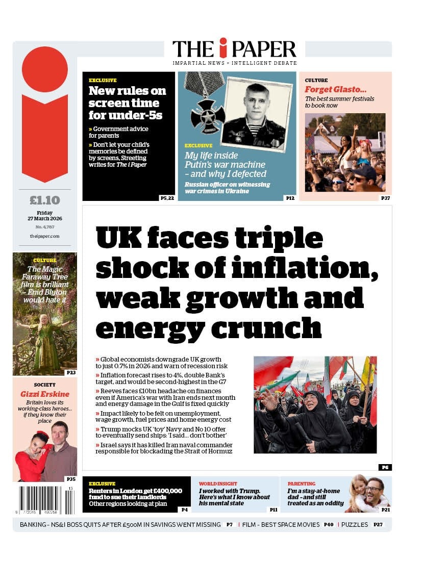 Front page of i, 27 March 2026