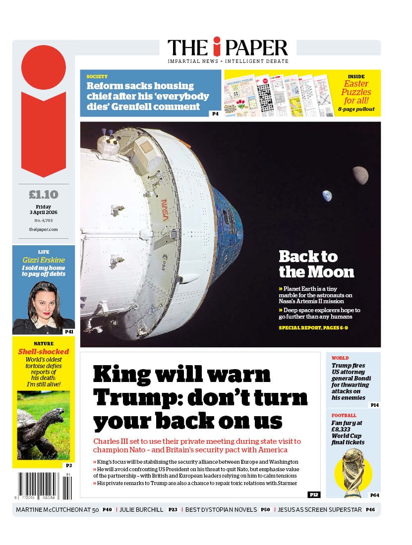 Front page of i, 3 April 2026