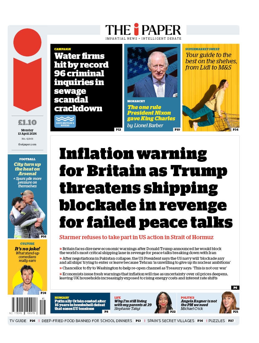 Front page of i, 13 April 2026