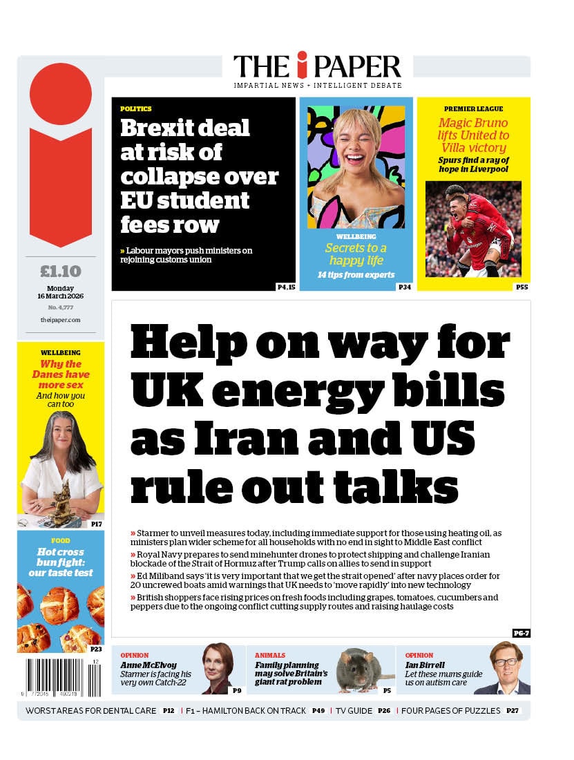 Front page of i, 16 March 2026