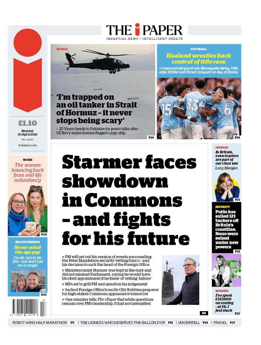 Front page of i, 20 April 2026