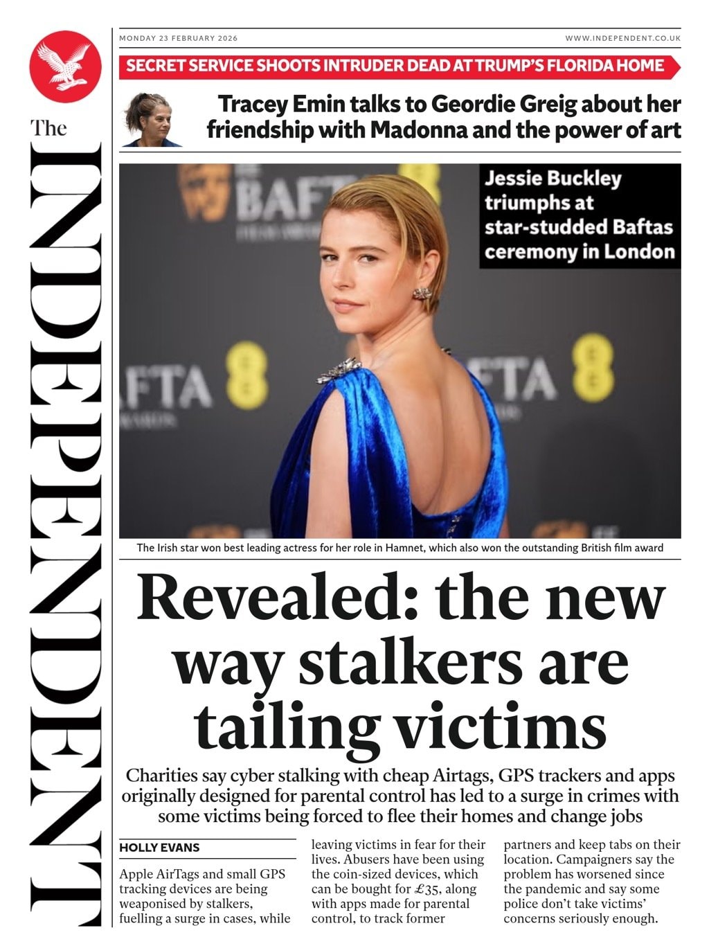 Front page of i, 23 February 2026