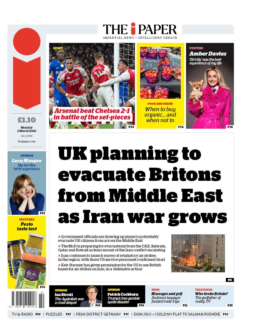 Front page of i, 2 March 2026