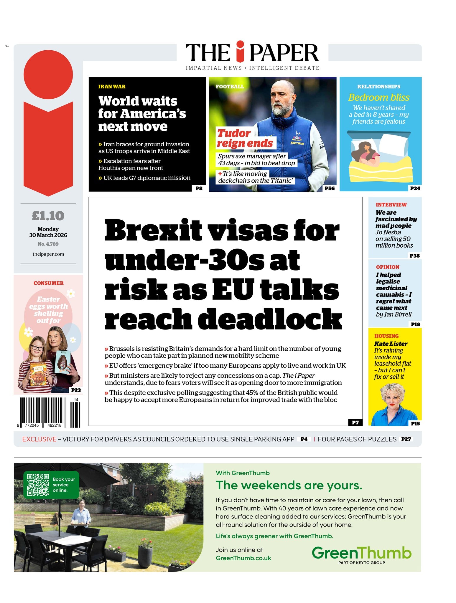 Front page of i, 30 March 2026