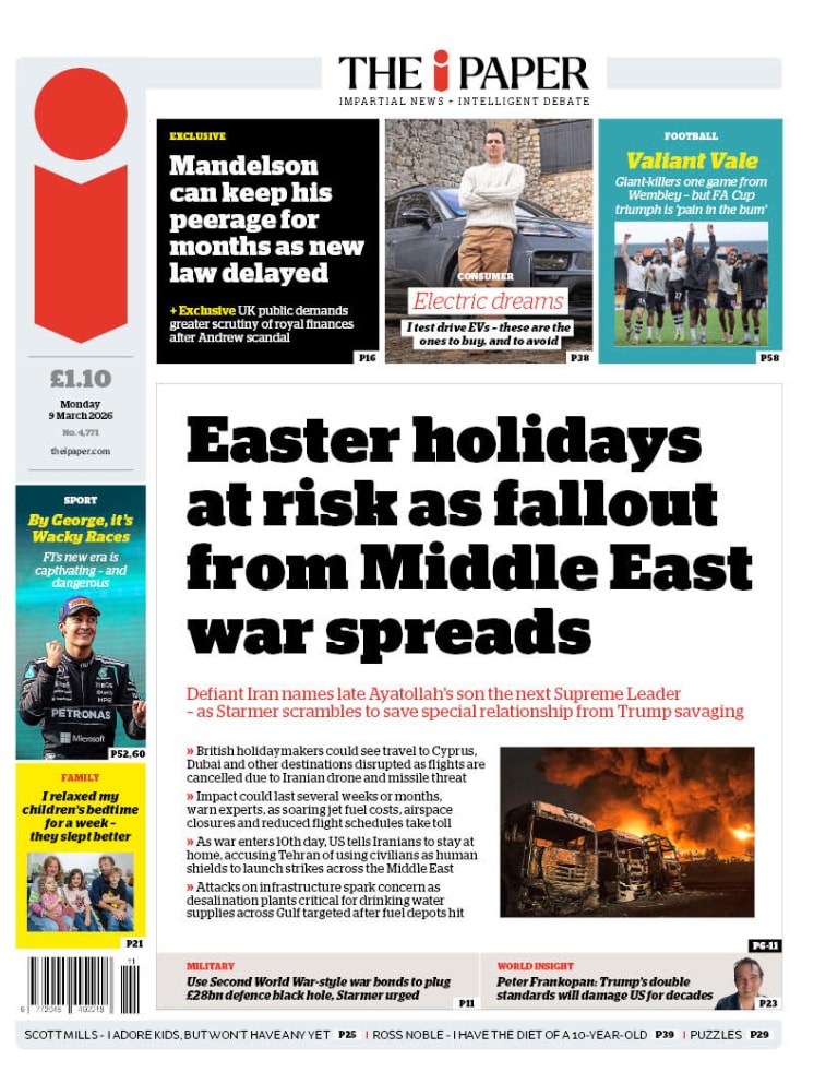 Front page of i, 9 March 2026