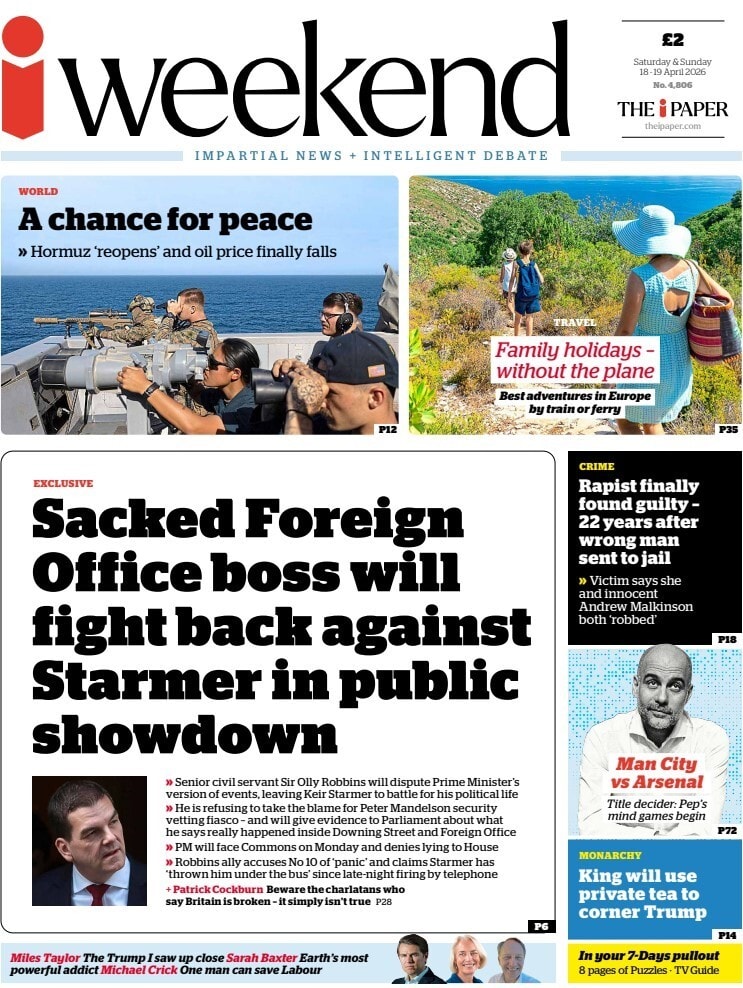 Front page of i, 18 April 2026