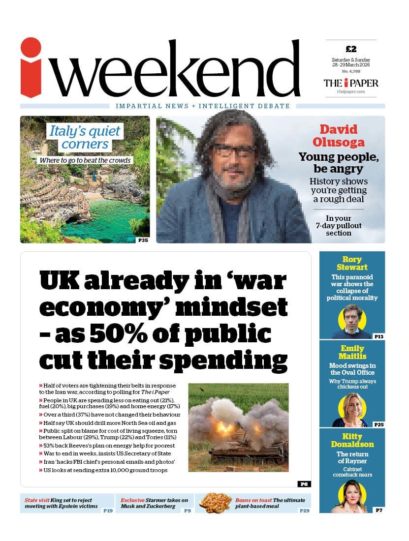 Front page of i, 28 March 2026