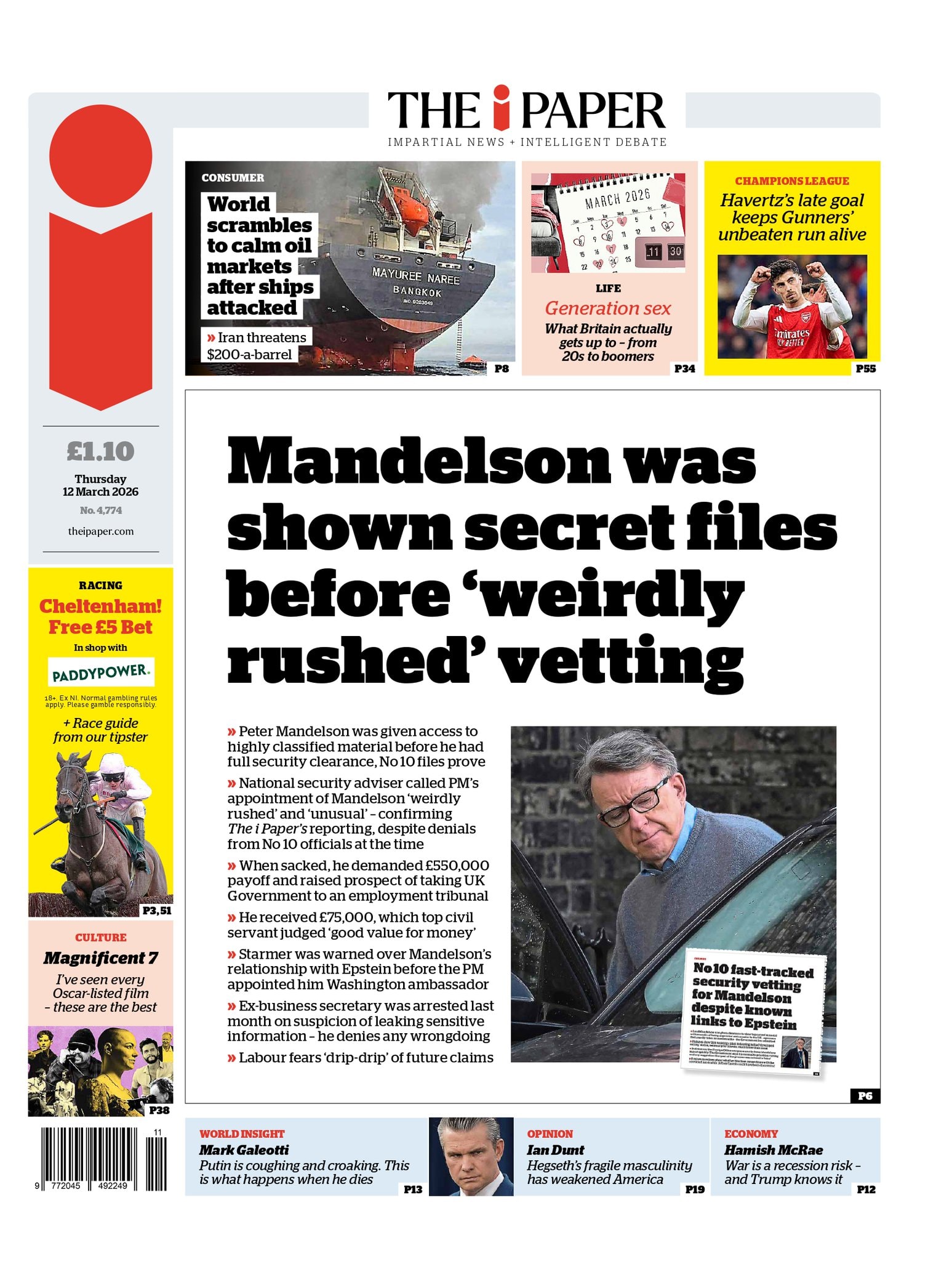 Front page of i, 12 March 2026