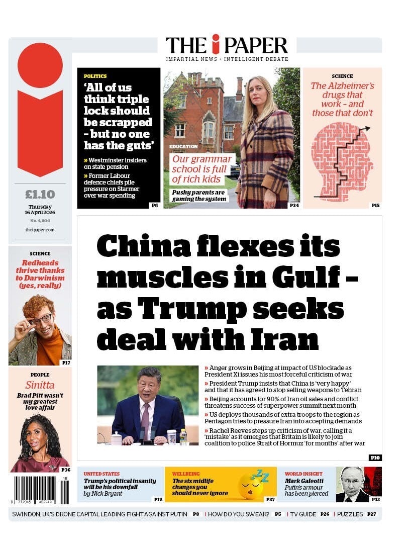 Front page of i, 16 April 2026