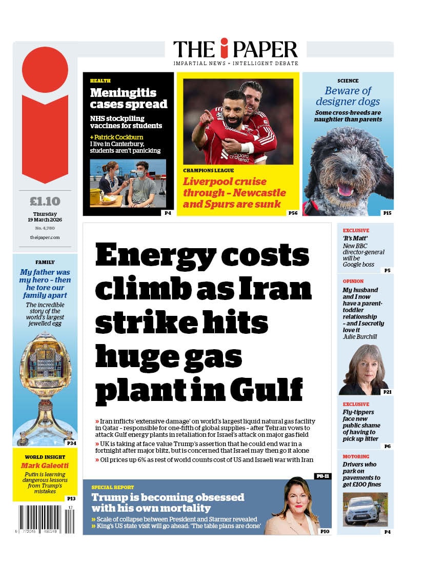 Front page of i, 19 March 2026