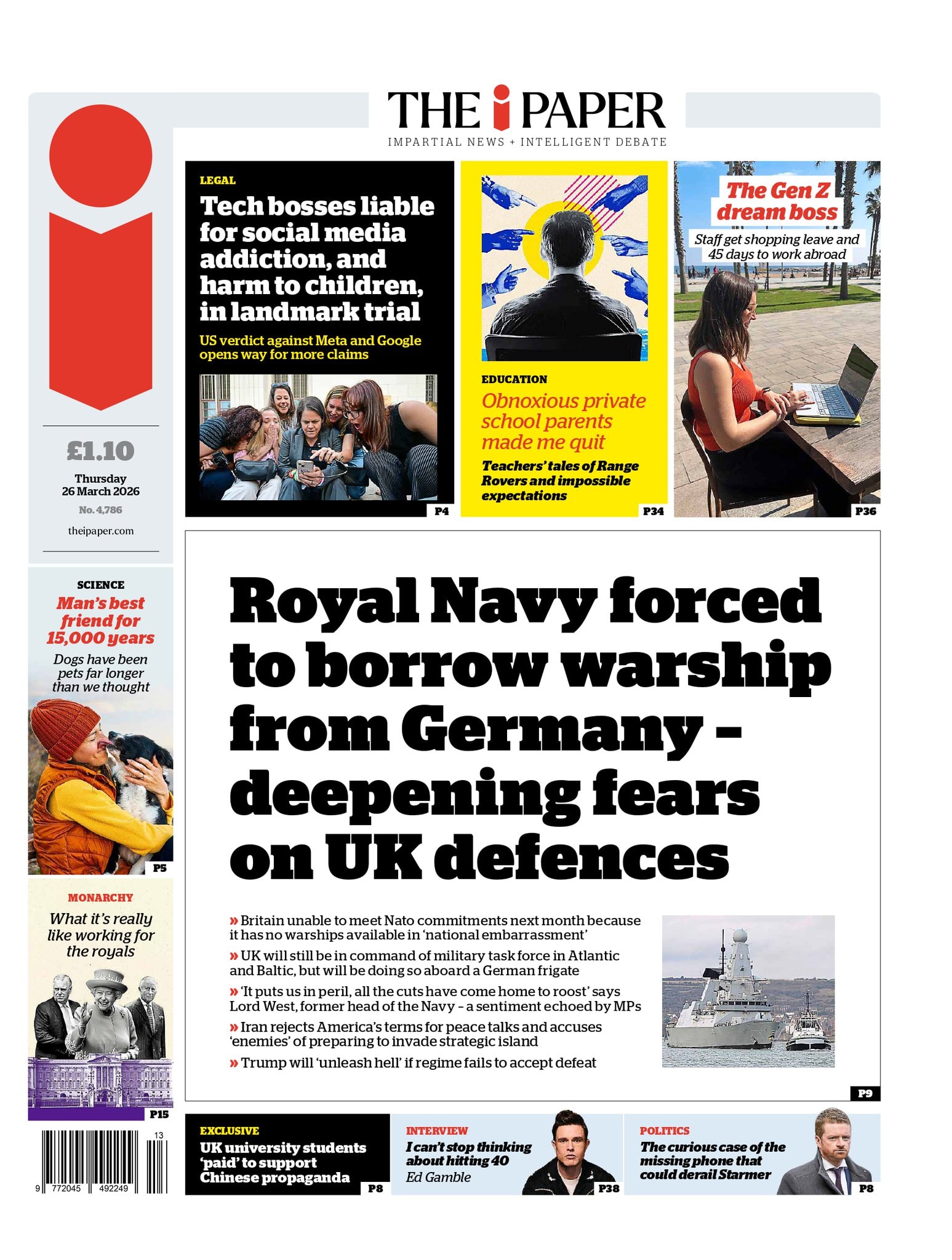 Front page of i, 26 March 2026