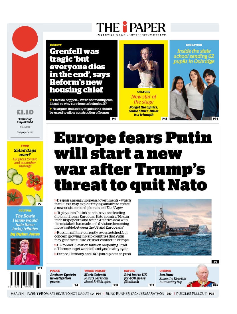 Front page of i, 2 April 2026