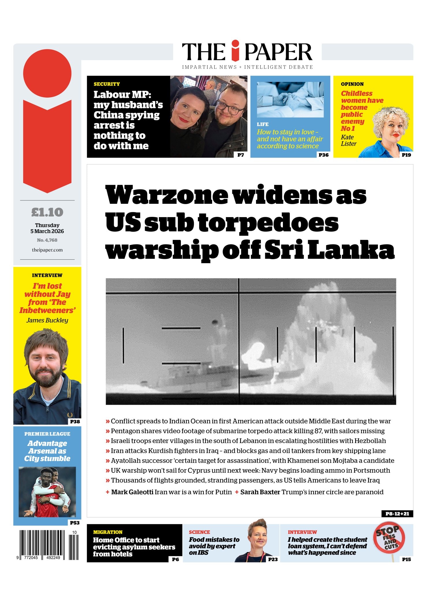 Front page of i, 5 March 2026