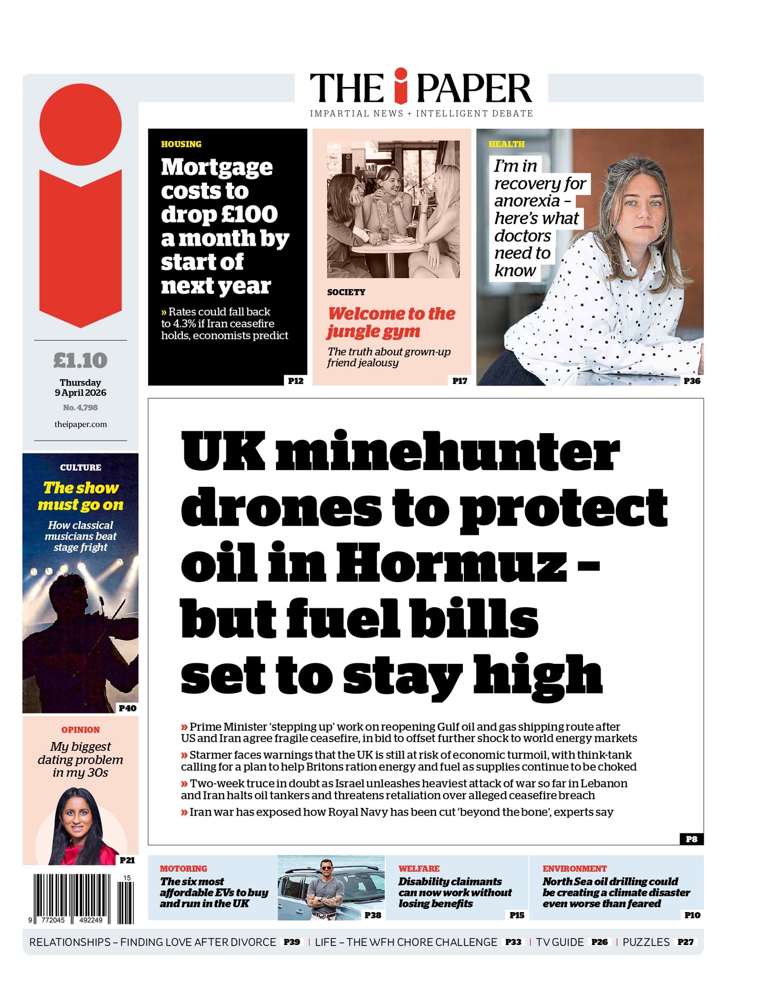 Front page of i, 9 April 2026