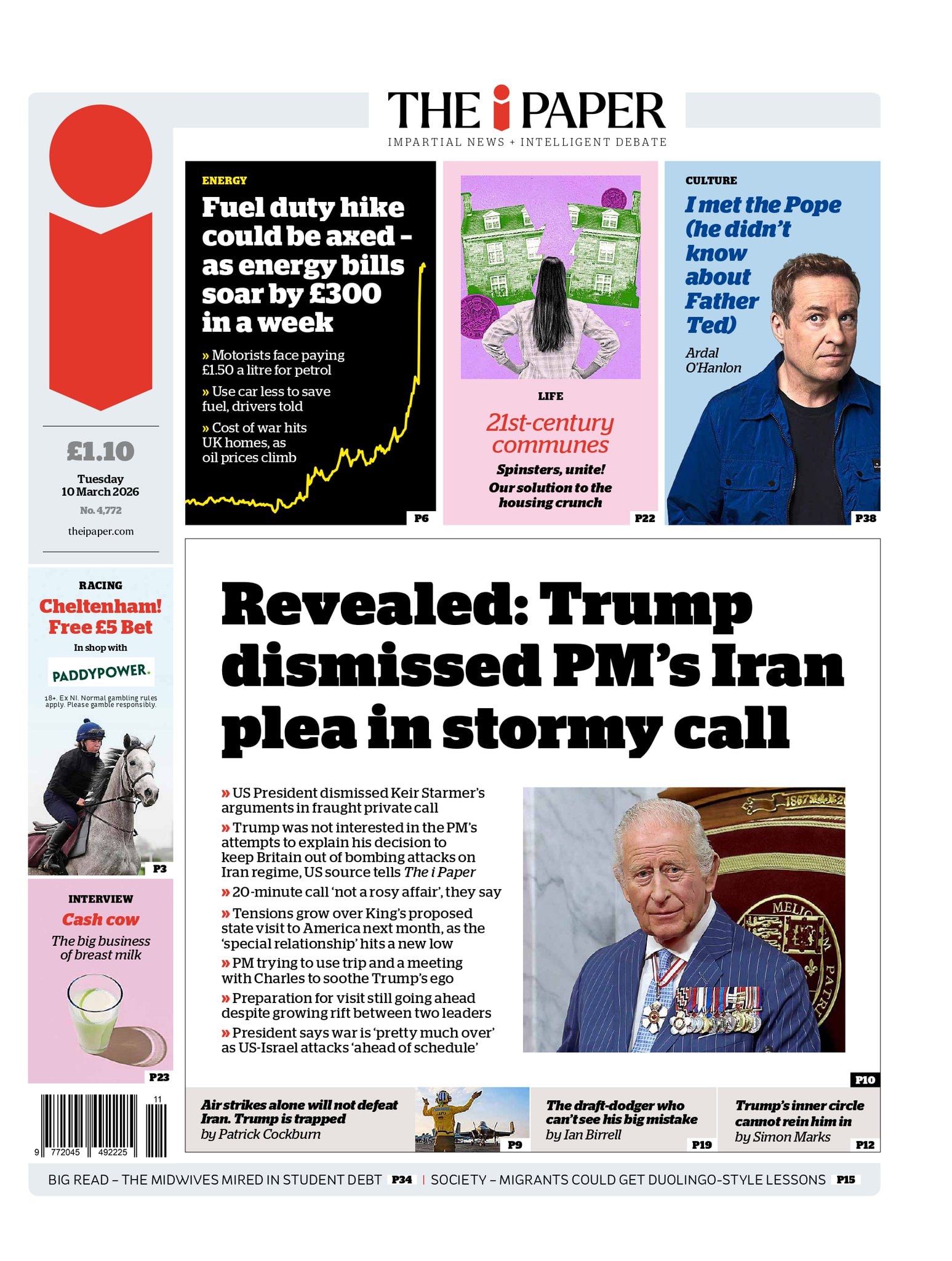 Front page of i, 10 March 2026