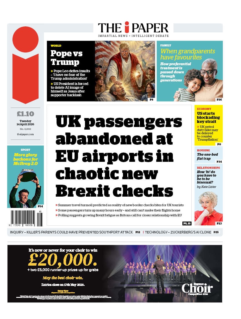 Front page of i, 14 April 2026