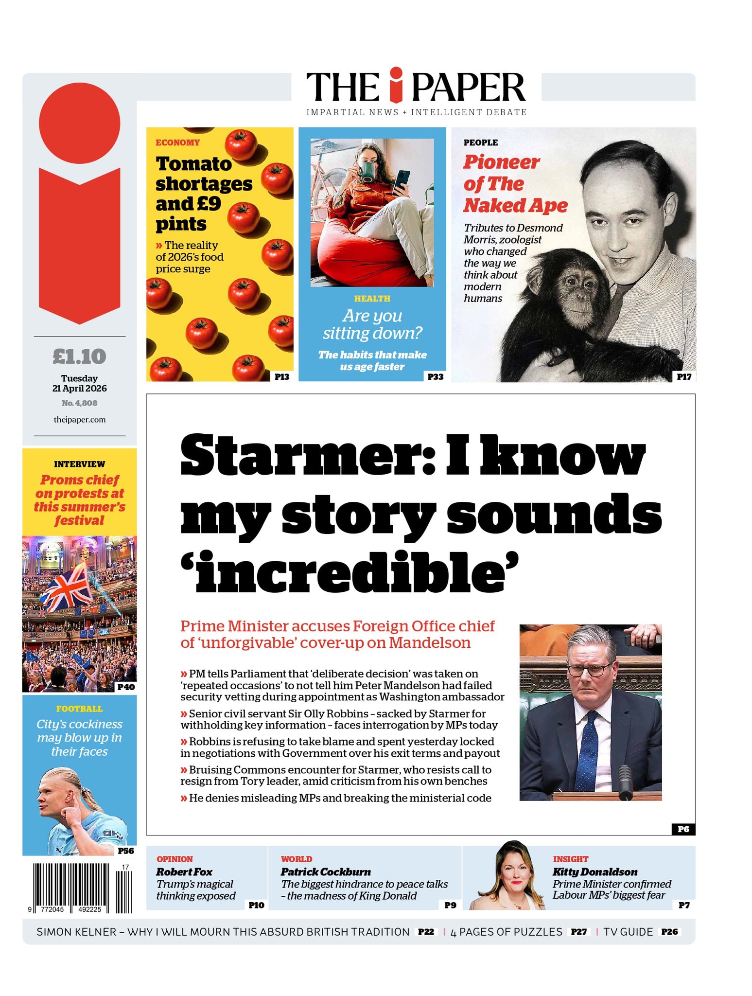 Front page of i, 21 April 2026