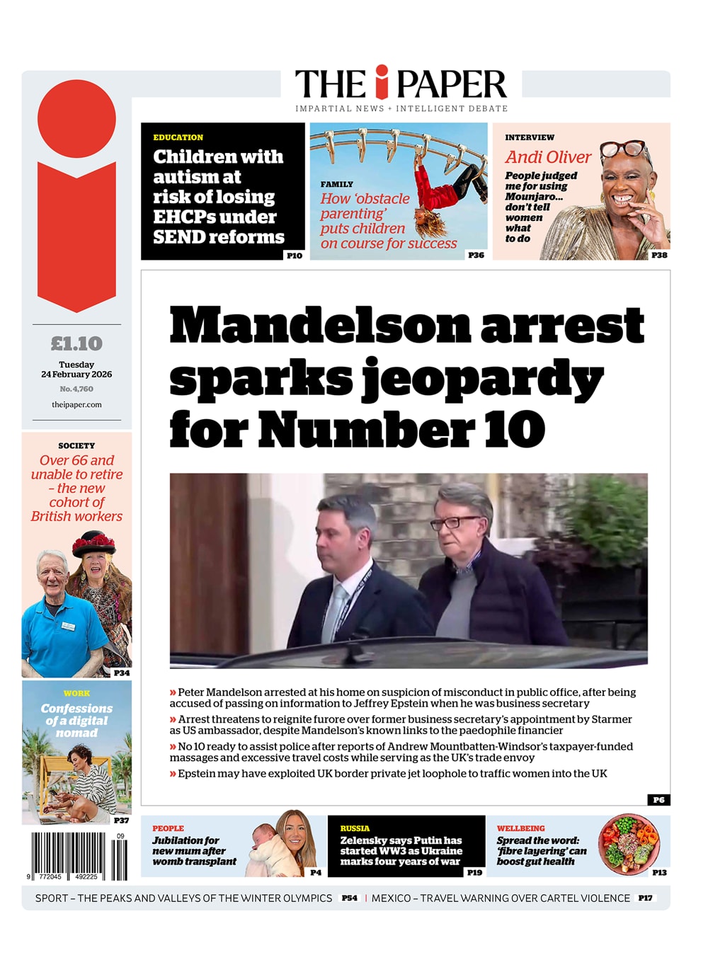 Front page of i, 24 February 2026