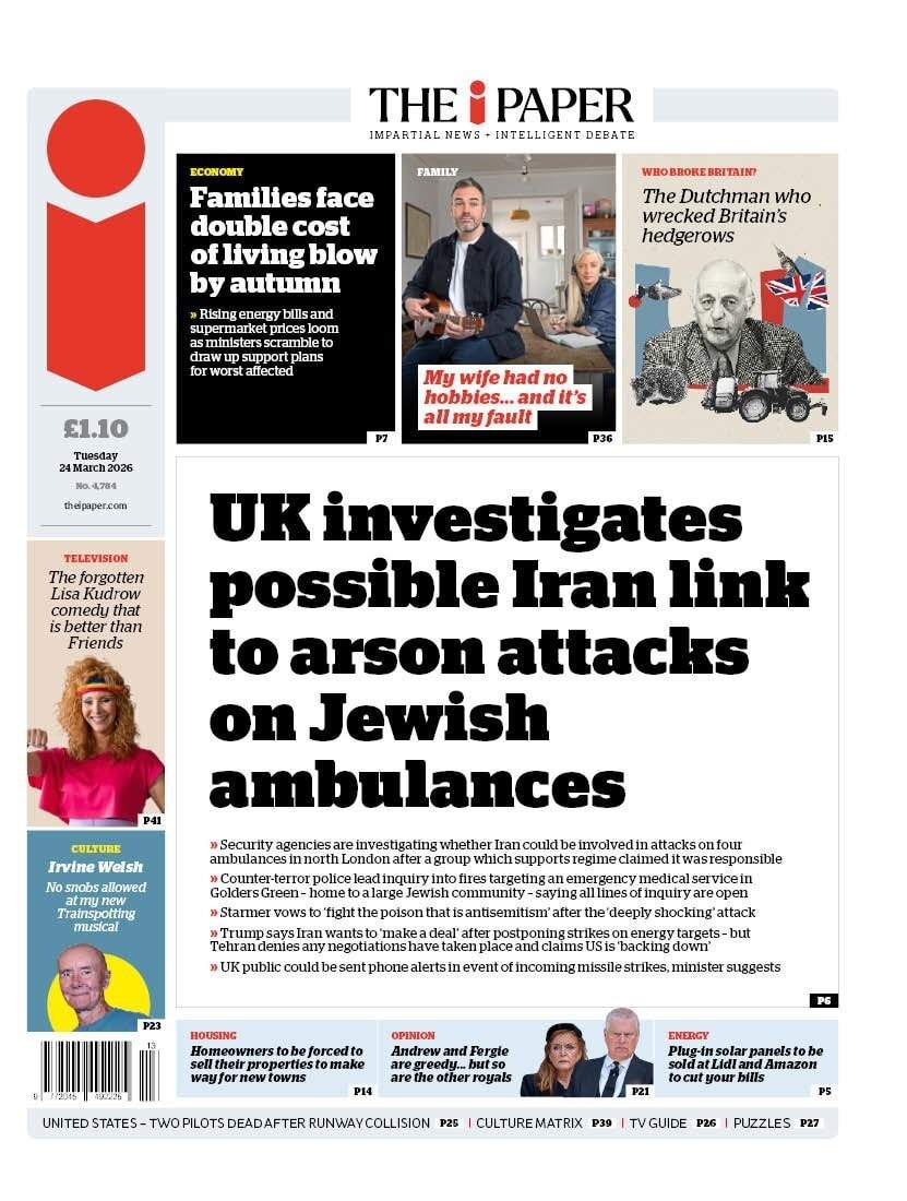 Front page of i, 24 March 2026