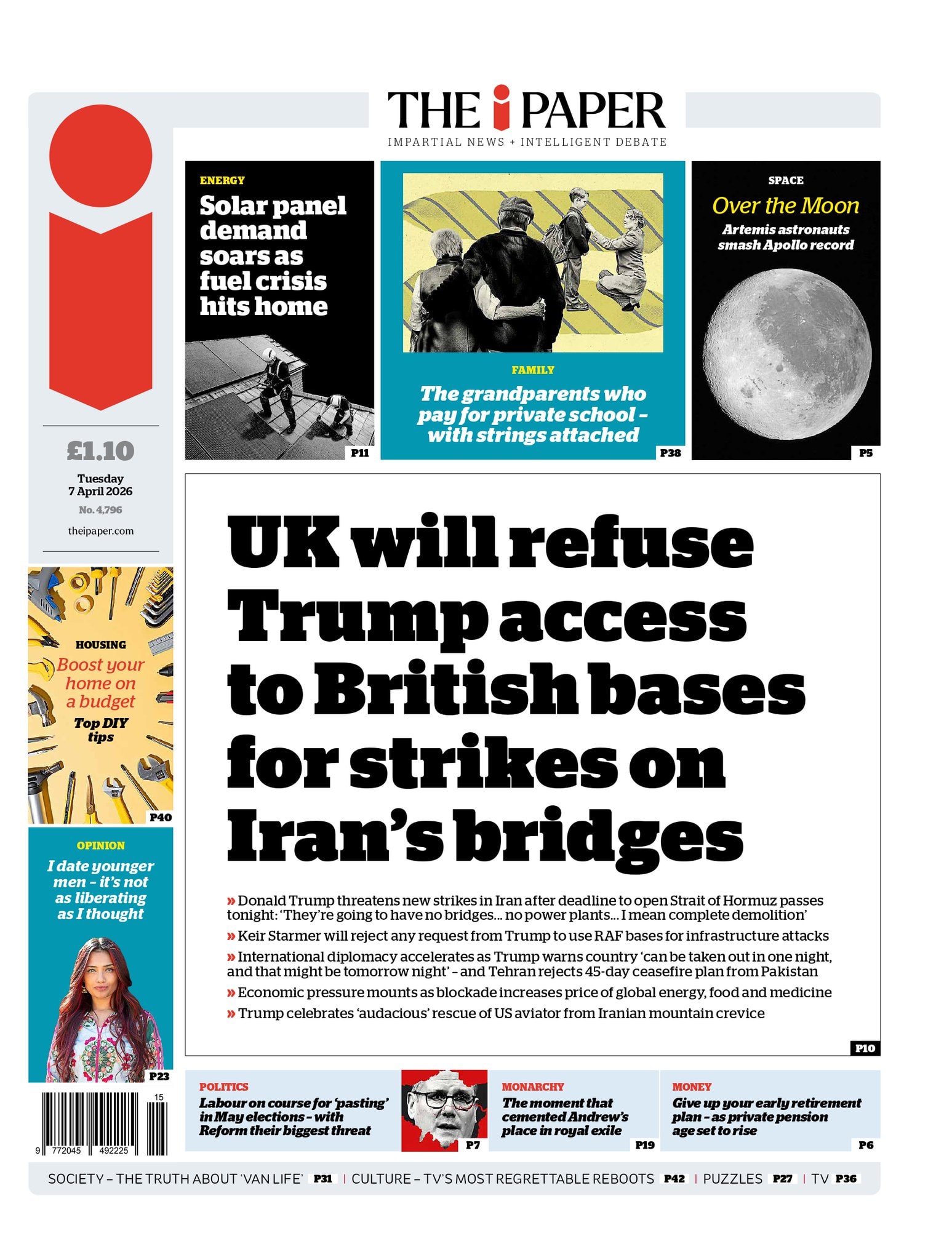 Front page of i, 7 April 2026