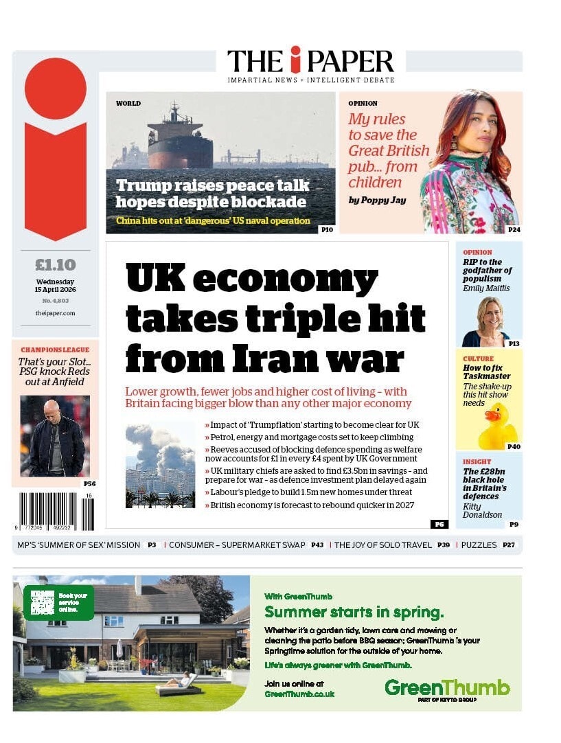 Front page of i, 15 April 2026
