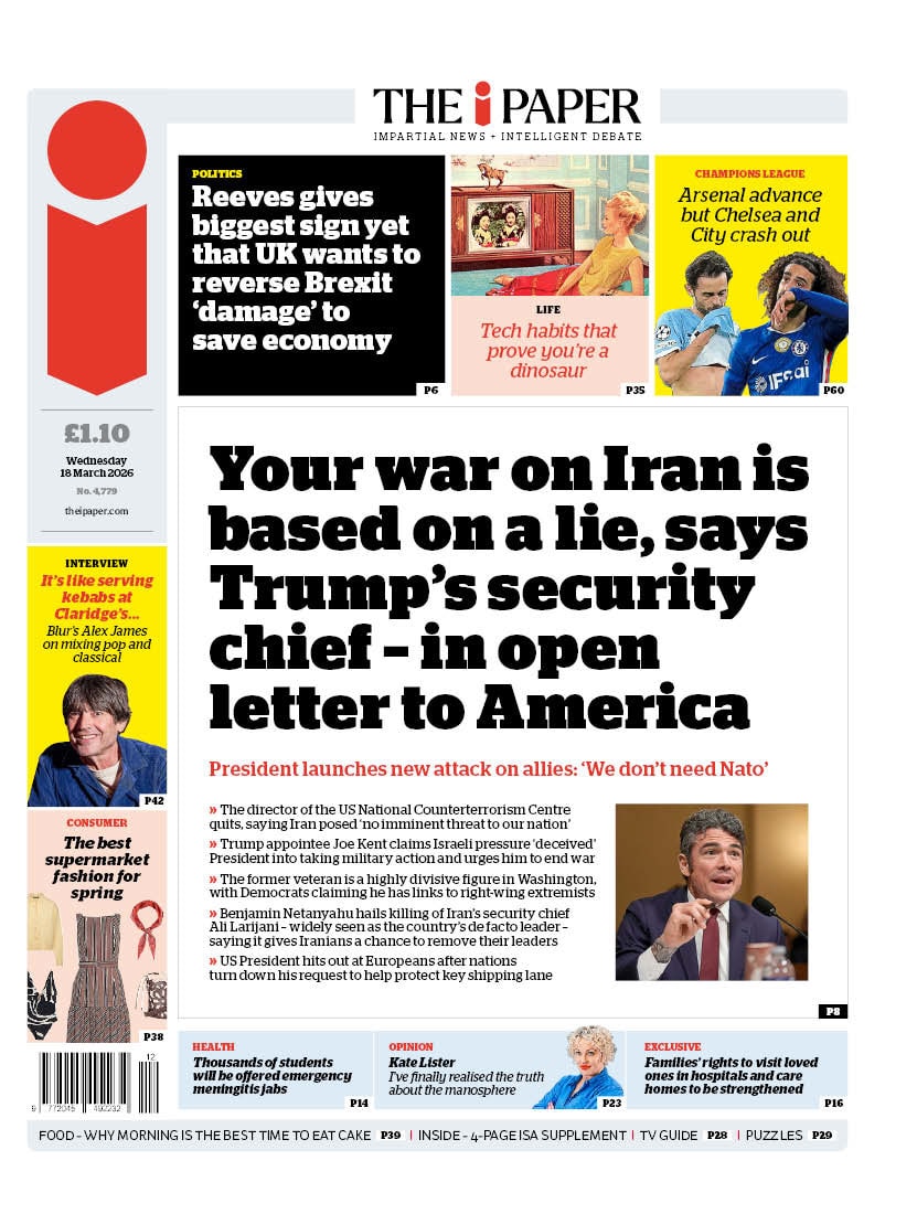 Front page of i, 18 March 2026