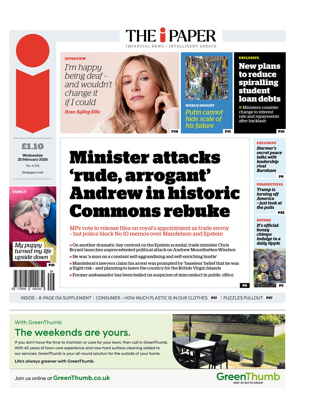 Front page of i, 25 February 2026