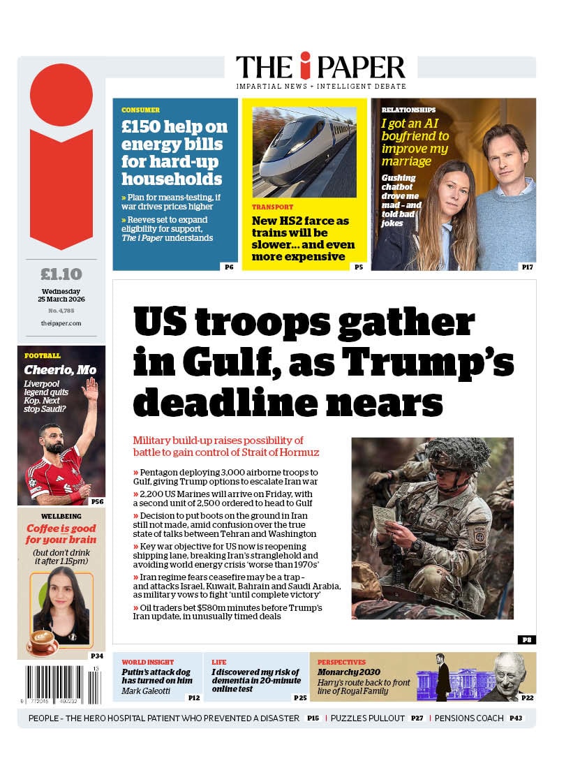 Front page of i, 25 March 2026