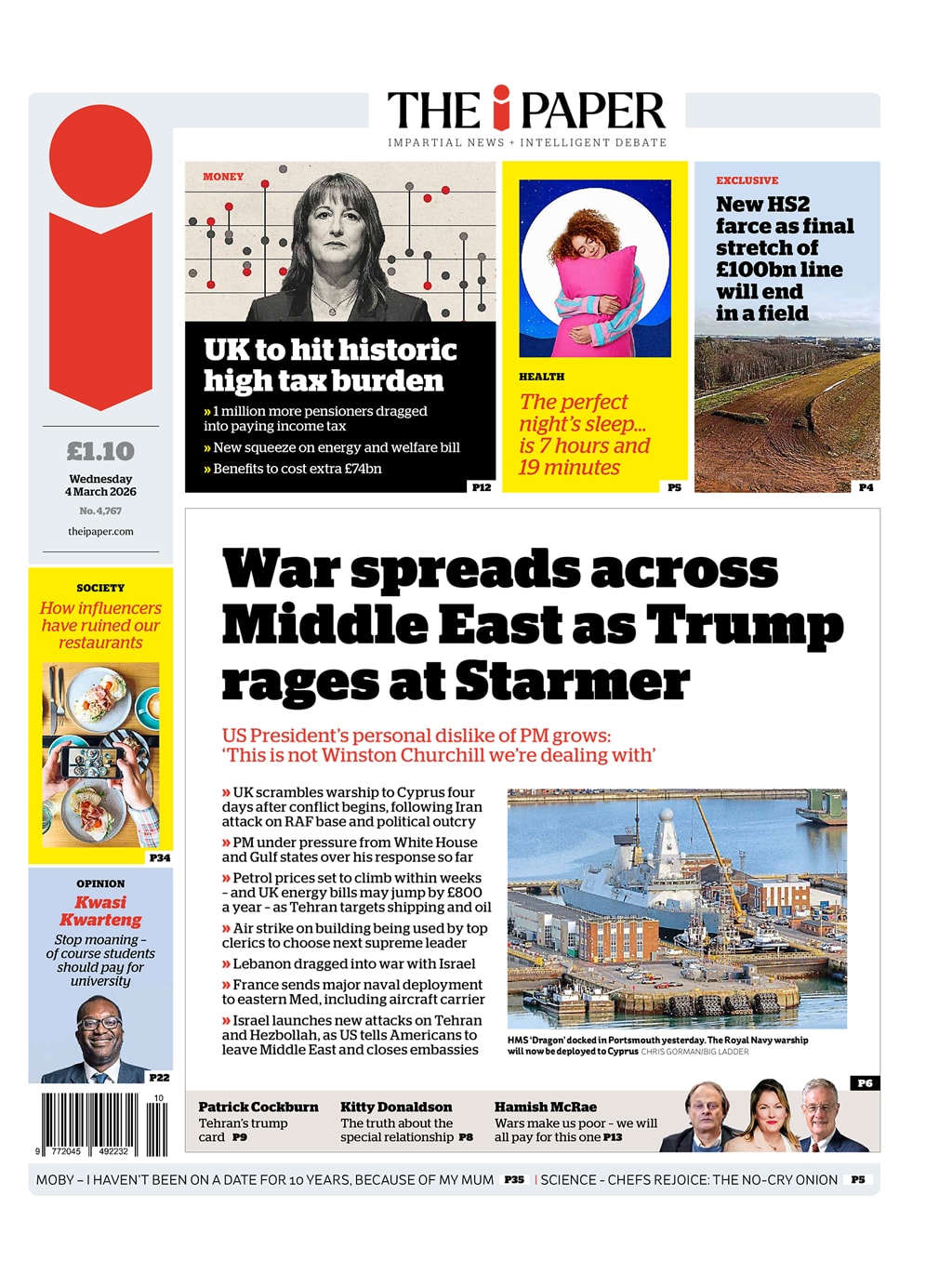 Front page of i, 4 March 2026