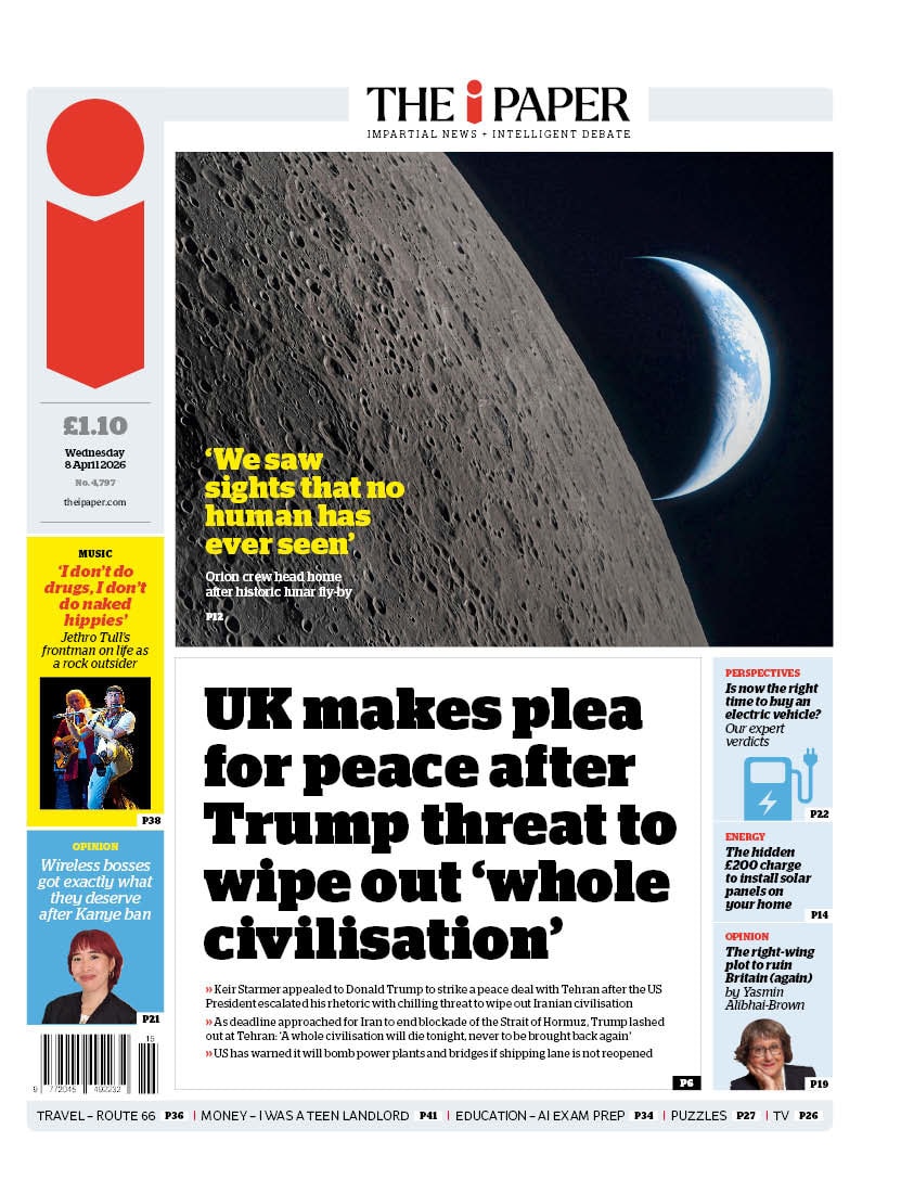 Front page of i, 8 April 2026