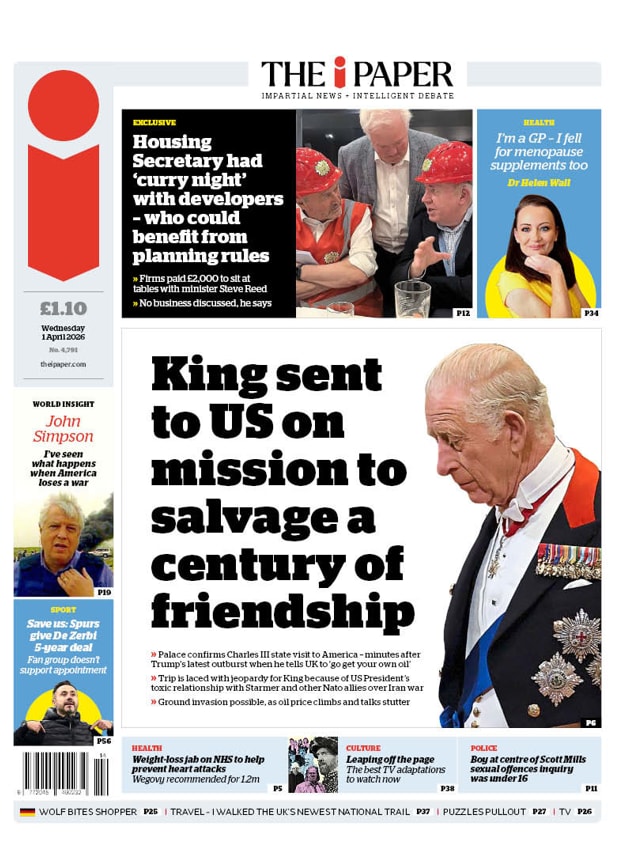 Front page of i paper, 1 April 2026